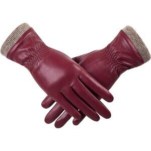 Women's Wine Red Winter Leather Gloves Wool Fleece Lined Thermal Touchscreen